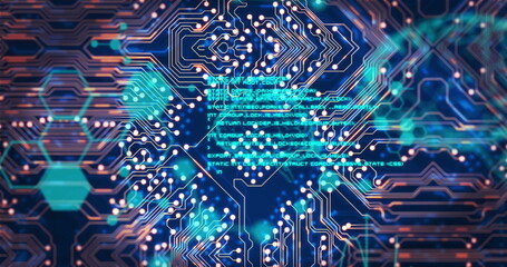 Image of digital brain over computer circuit board on black background