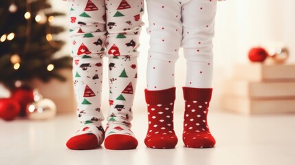 legs of little girl in christmas socks on christmas background Generative AI