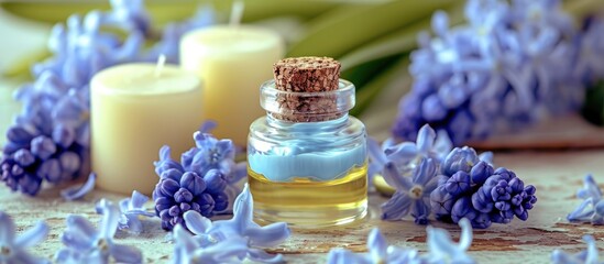 Natural beauty treatment using scented oil and hyacinth flowers in cosmetic cream. - obrazy, fototapety, plakaty