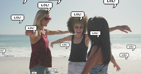 Image of speech bubbles with lol text over female friends on beach - Powered by Adobe
