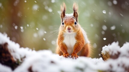 Naklejka na ściany i meble Red squirrel in winter forest. Cute animal sitting on snowy branch with snow. Generative AI