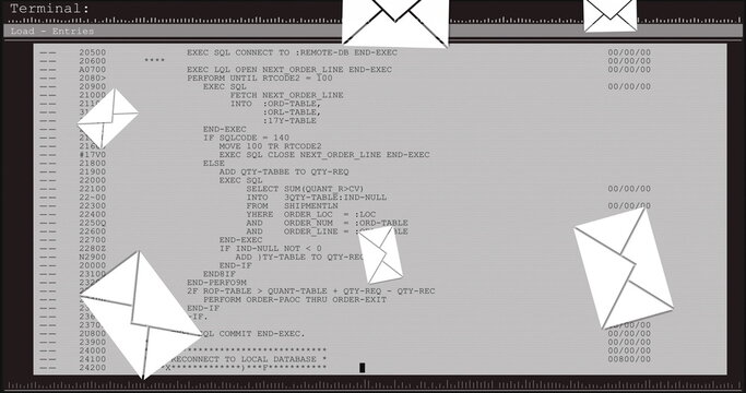 Image of email envelope icons and data processing on computer screen in background