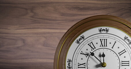 Image of clock ticking over wooden background