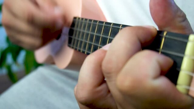 Man mid 30 and with bead is playing and whistling with his pink ukulele next to a big window and close to a green plant. Music is one form of art that can soothe the soul and make us feel better