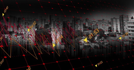 Image of financial data processing over cityscape