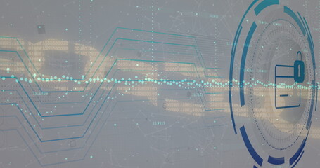 Image of credit card icon over data processing on black background