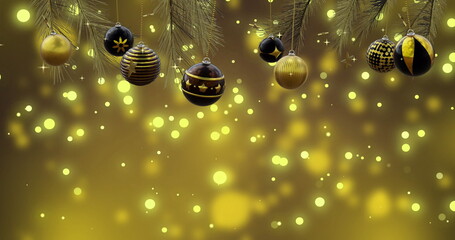 Christmas tree with swinging black and gold baubles over yellow bokeh and light spots, copy space