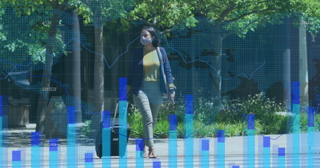 Statistical data processing against woman wearing face mask with trolley bag crossing the street