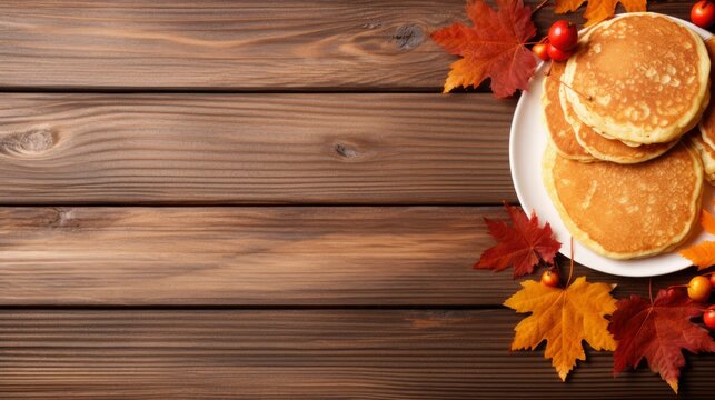 Pancakes on a plate with autumn leaves and berries on wooden background Generative AI