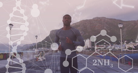 Image of shapes and dna strand over african american man running on promenade