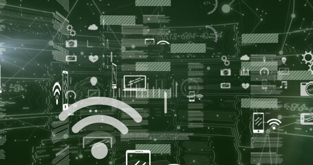 Image of icons over data processing on black background