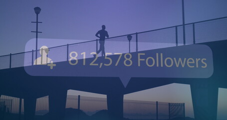 Speech bubble with increasing followers against fit man running on the bridge