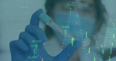 Image of digital interface showing statistics with scientist holding covid-19 vaccine wearing face m