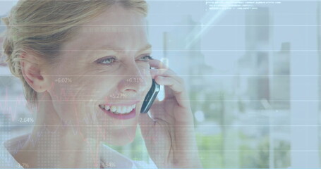 Image of data processing over caucasian woman using smartphone