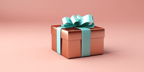 Obraz premium A golden brown gift box and blue ribbon on a pink background, birthday