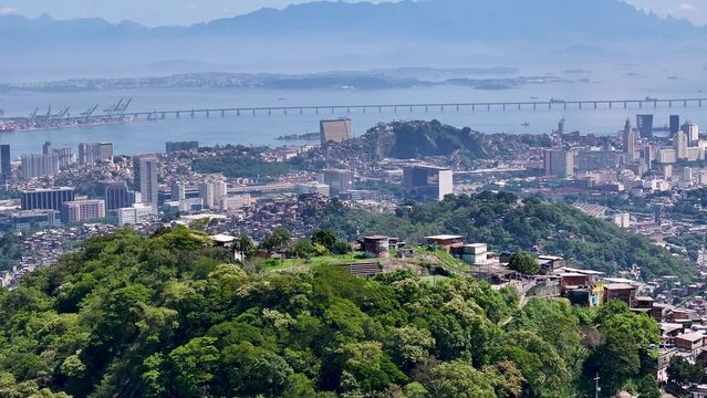 Prazeres Hill Brazil. Favela Aerial View. Tijuca Forest. Rio De Janeiro Brazil. Rio Niteroi Bridge Background. Prazeres Hill At Rio De Janeiro Brazil.