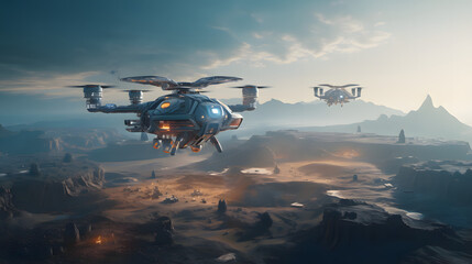 Fototapeta premium Futuristic drone flying over desert