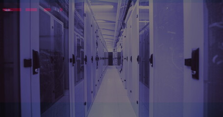 Image of data processing on computer screens over tech room with computer servers