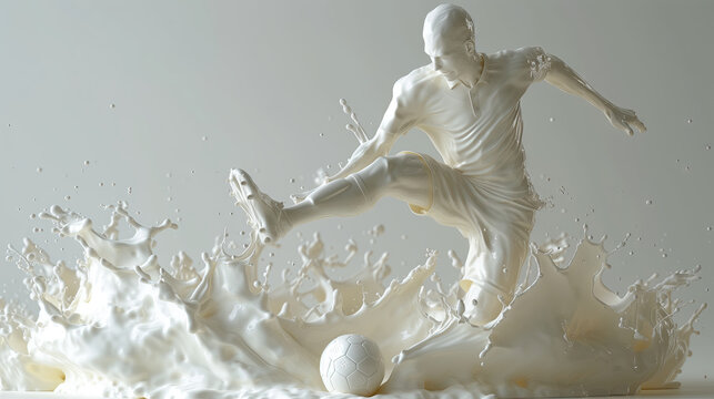 white Milk in shape of Soccer player kicks the ball 