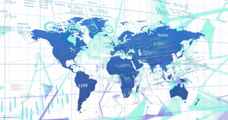 Image of financial data processing over world map