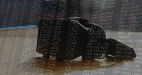 Image of data processing on computer screen over vr headset