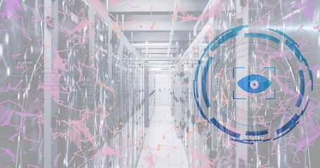 Image of eye icon over data processing and server room