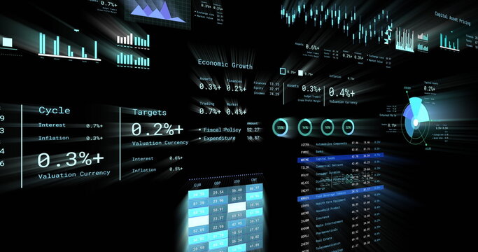 Image of financial data processing with numbers over black background