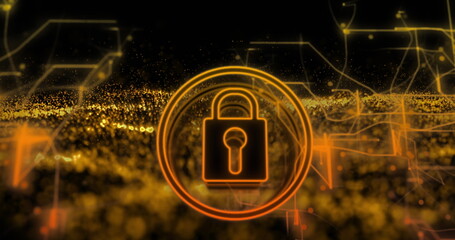 Image of padlock over data processing on black background