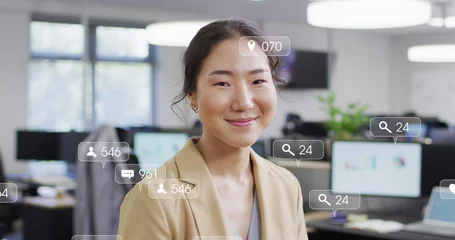 Foto auf Acrylglas Asiatische Orte Image of icons and data processing over asian businesswoman