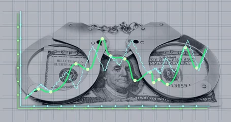 Photo sur Plexiglas Lieux américains Image of financial data processing over american dollar bill and handcuffs