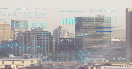 Image of financial data processing over cityscape