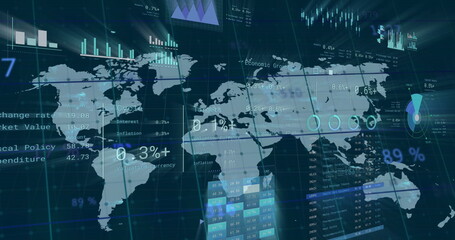 Fototapeta na wymiar Image of financial data processing over world map
