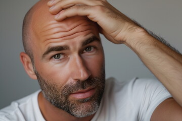 Middleaged bald man with beard looking at camera. Closeup of a stylish confident guy. Concept of male alopecia, ageing, baldness, hair transplant and hair loss, male beauty