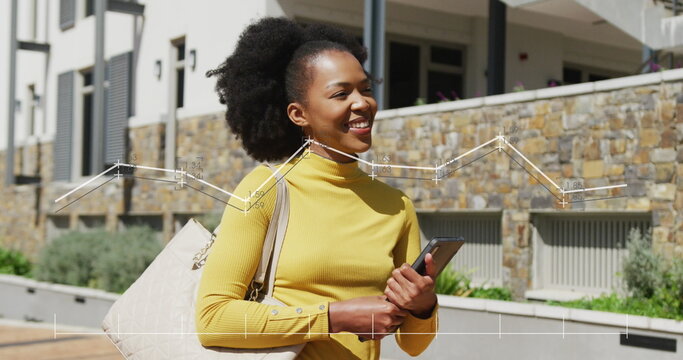 Image of connections with data processing over african american businesswoman