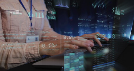 Image of data processing over caucasian businessman using computer in office