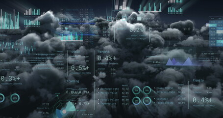 Fototapeta na wymiar Image of financial data processing over clouds