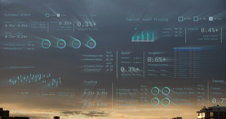 Image of financial data processing over cityscape