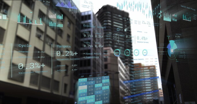 Image of financial data processing over cityscape