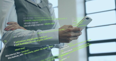 Image of statistics and data processing over caucasian businessman using smartphone in office