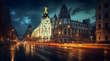 The night view of the beautiful city of Madrid, Spain