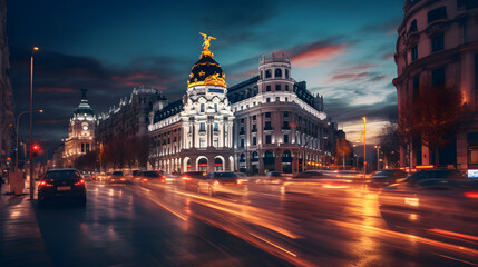 The night view of the beautiful city of Madrid, Spain - obrazy, fototapety, plakaty