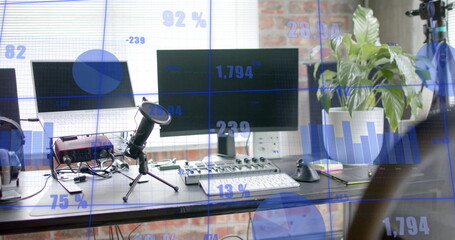 Image of statistics and data processing over computer on desk in office