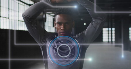 Image of data processing over man stretching, exercising in gym