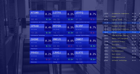 Image of financial data processing over business office