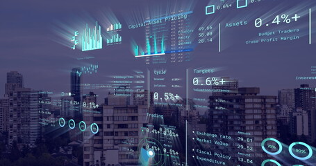 Image of financial data processing over cityscape