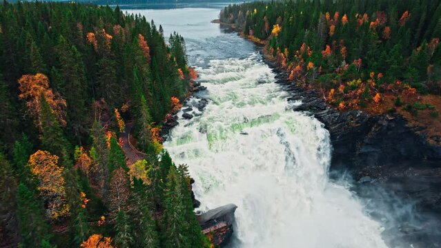 Drone overview of Swedish waterfall, tannforsen. Big waterfall