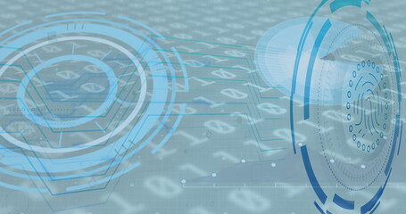 Image of fingerprint icon over data processing on blue background