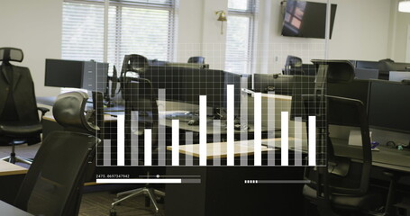 Image of financial data processing over empty office