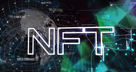 Image of nft text over globe on black background