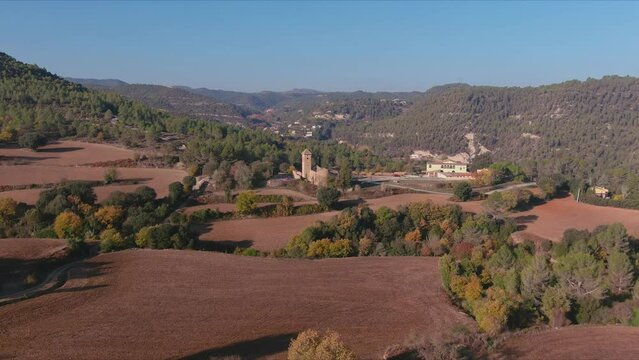 Sant Esteve de Marganell Hermitage at day near town. Bages, Barcelona, Spain